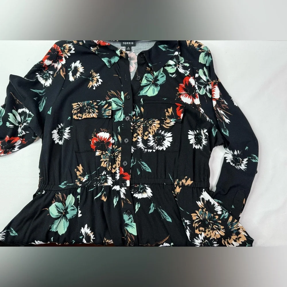 Torrid Mini Challis Shirt Dress Black Floral 3/4 Sleeves Size Large - Picture 6 of 8